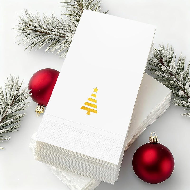 Tbsone Christmas Paper Napkins Disposable: Guest Dinner Hand Towels, Gold Foil Christmas Trees Design for Table Decor, Bathroom, Home, Kitchen, Holiday Cocktail Party (50 Pack) - Image 1